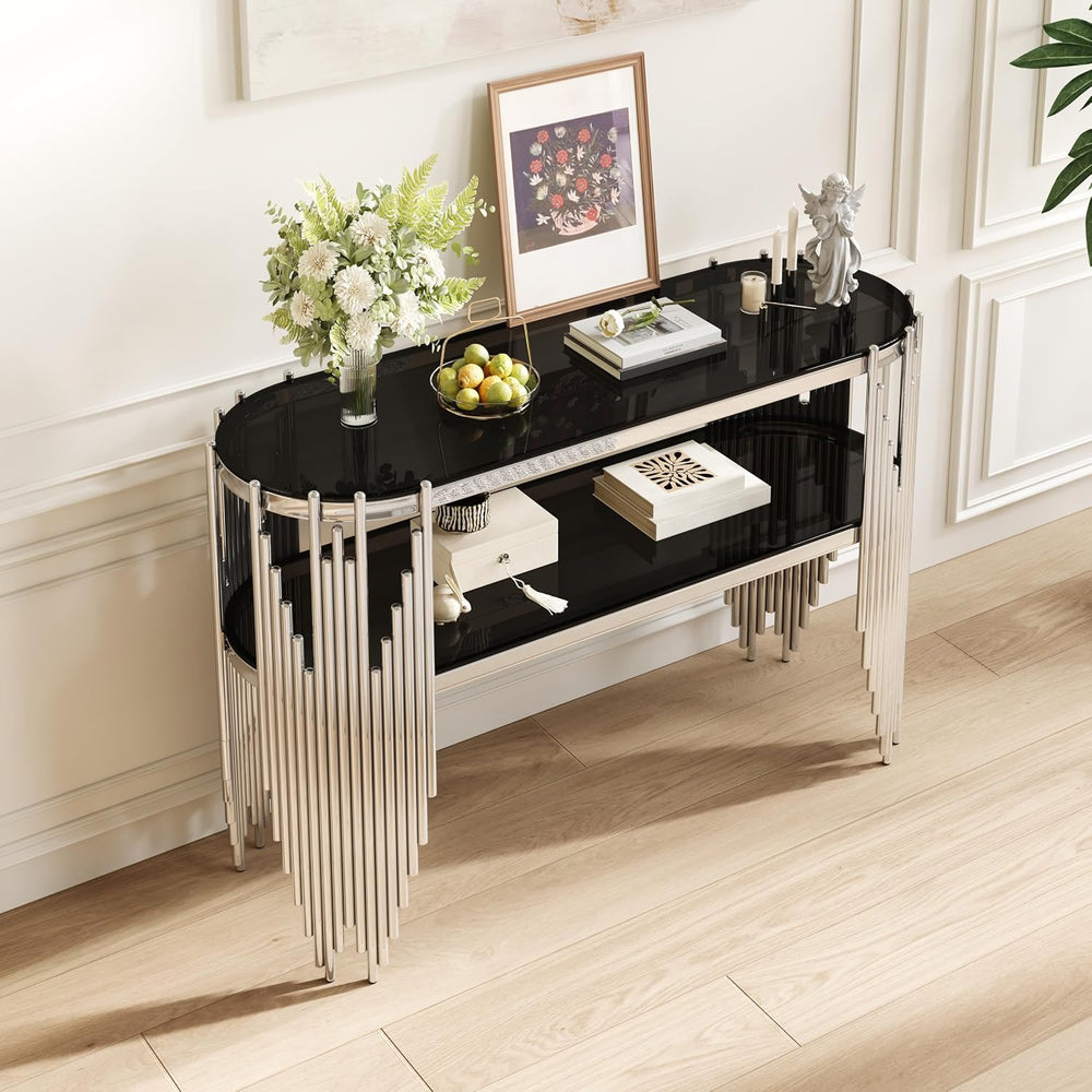 Modern Oval Console Table, 47 Inch Silver Sofa Tables with 2-Tier Black Tempe...