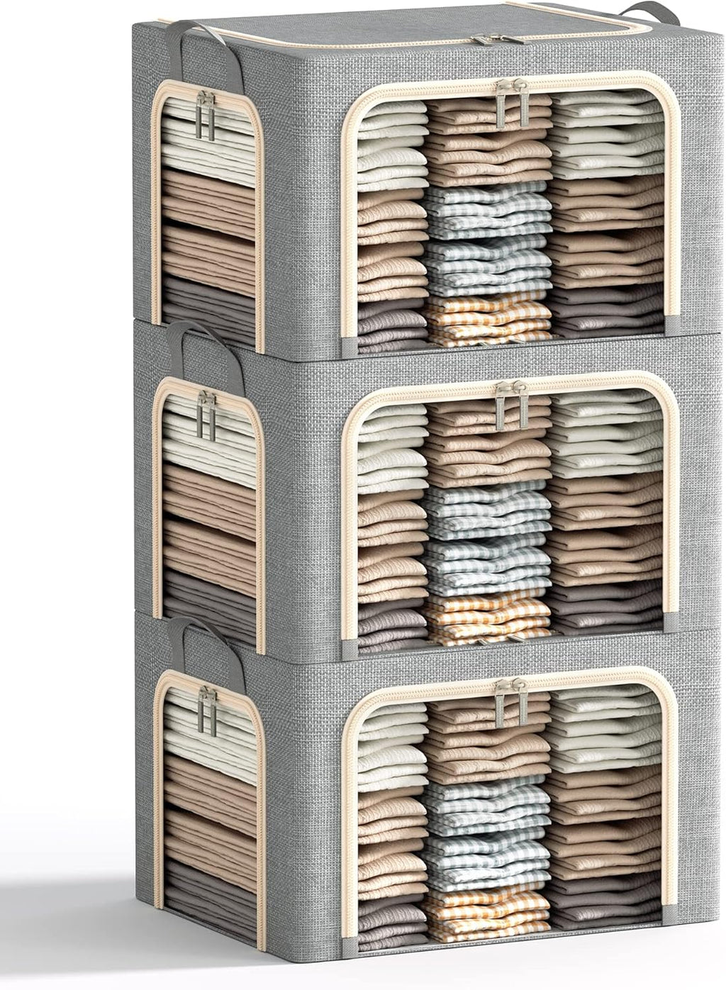 3 Opeings Large Clothes Storage Bins with Metal Frame, Foldable Storage Bin for Clothes, Clothing Storage Bins with Lid, Linen Storage Box With Clear Window＆ Zippers＆ Handles.(3 Pcs,Light Grey,66L)