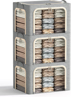 3 Opeings Large Clothes Storage Bins with Metal Frame, Foldable Storage Bin for Clothes, Clothing Storage Bins with Lid, Linen Storage Box With Clear Window＆ Zippers＆ Handles.(3 Pcs,Light Grey,66L)