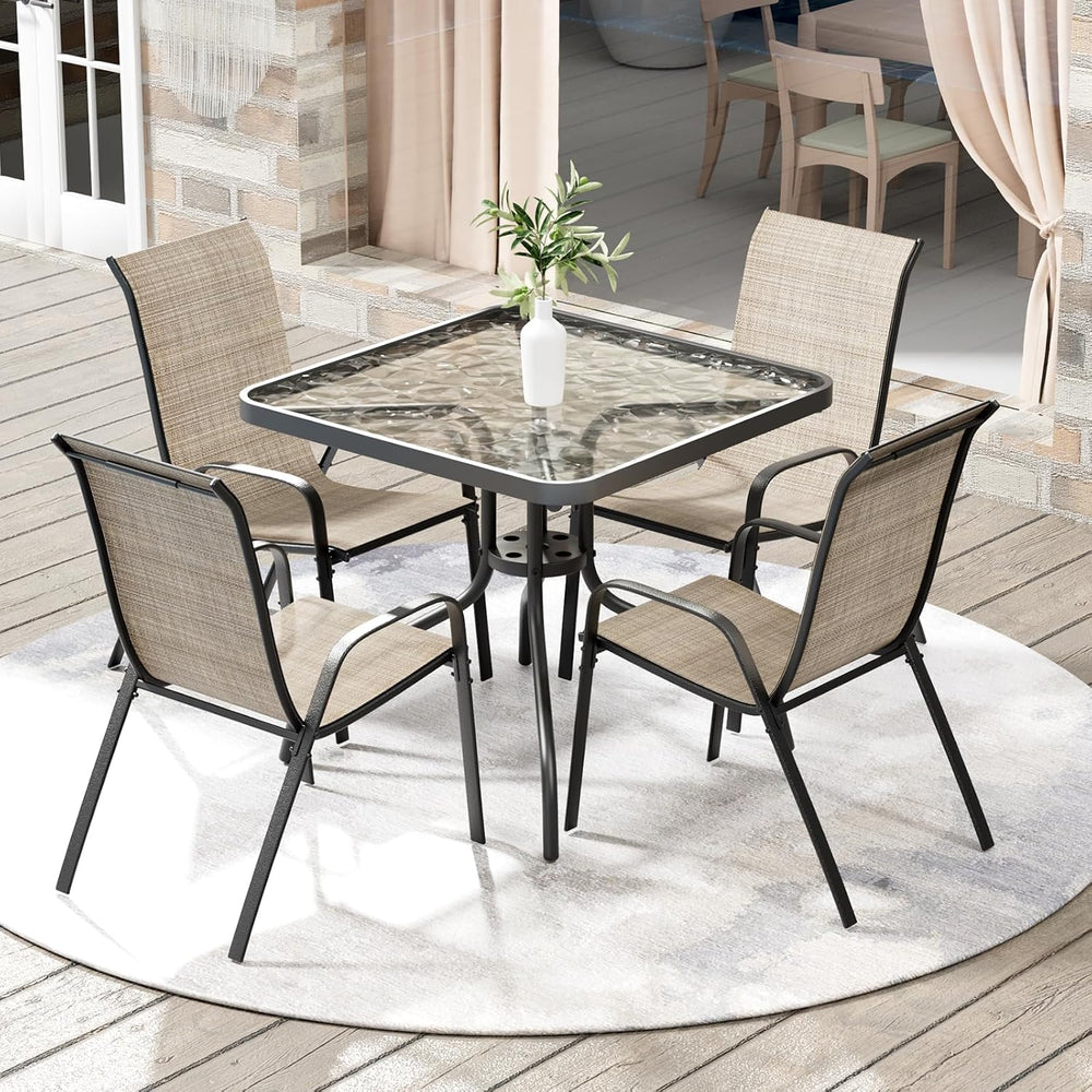 Arlopu 5 Pieces Outdoor Patio Dining Set, Glass Table and Textilene Chair
