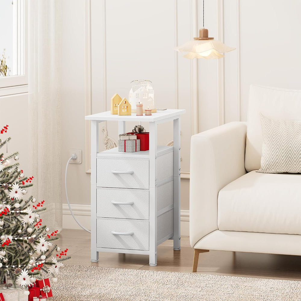 Vagusicc White End Table with Charging Station, Narrow Side Table, Narrow Nig...