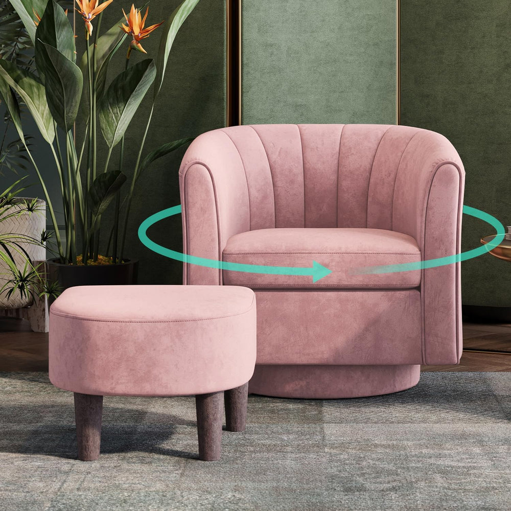 LINSY Swivel Accent Chair Ottoman Set: Velvet Small Barrel Chair with Foot Re...