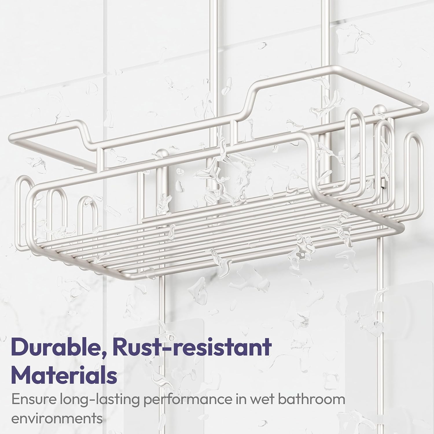SWTYMIKI Bathroom Shower Caddy Hanging - Extended Length 2 Tier Rustproof Over Shower Head Organizer, No Drilling Bathroom Shelf with 14 Hooks & Soap Holder, Anti-Swing Rack, Sand Nickel