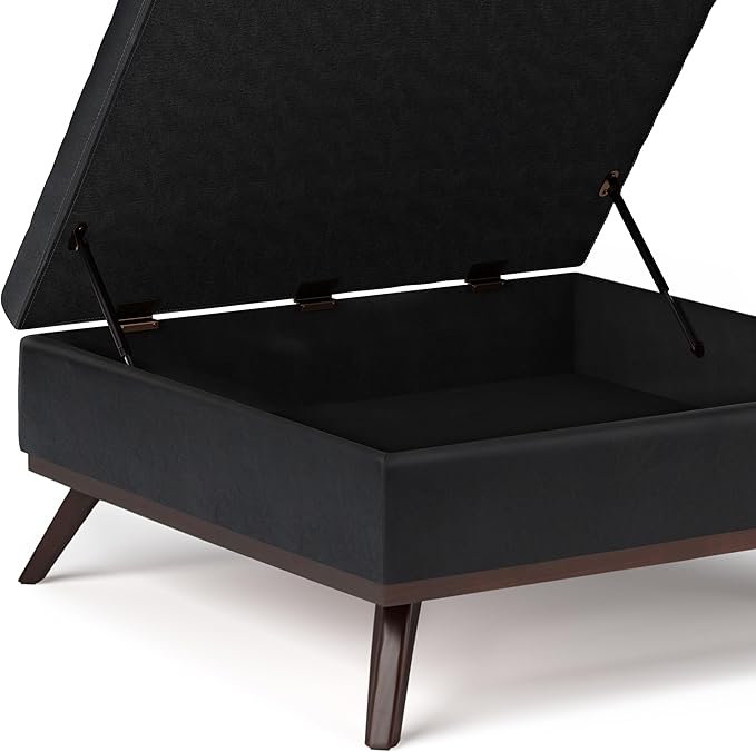 SIMPLIHOME Owen 36 inch Wide Mid Century Modern Square Coffee Table Storage Ottoman in Midnight Black Vegan Faux Leather, Assembled, For the Living Room, Entryway and Family Room