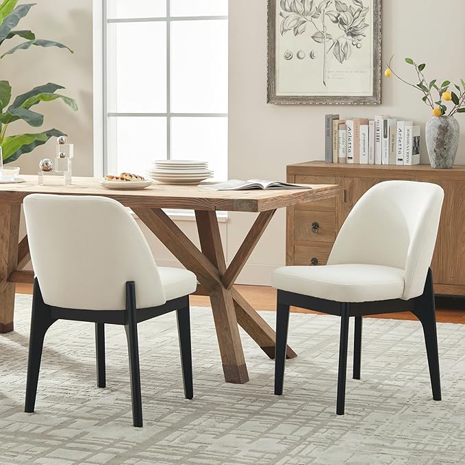 VKNOW Wooden Dining Chairs Set of 2, Upholstered Dining Room Chairs with Rubberwood Legs and Padded Seats, Kitchen Chairs for Restaurant Kitchen Living Room, Ivory