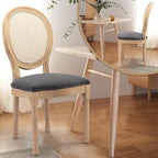 Rattan Back Upholstered Dining Chairs Set of 4 French Country Oval Kitchen Side Chairs with Wood Legs for Dining Room, Kitchen, Restaurant(Dark Grey-Rattan)