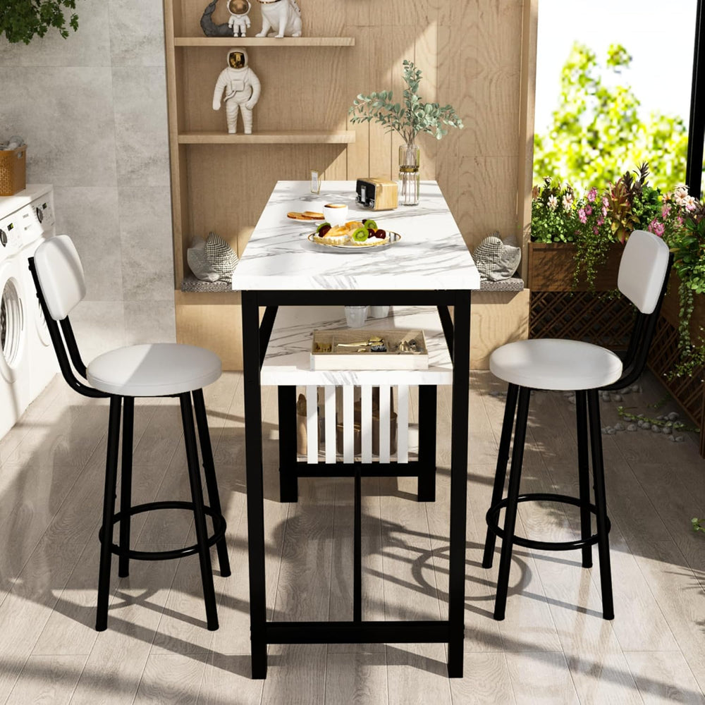 AWQM 3-Piece Bar Table and Chairs Set, Modern White Faux Marble Table with 2 ...
