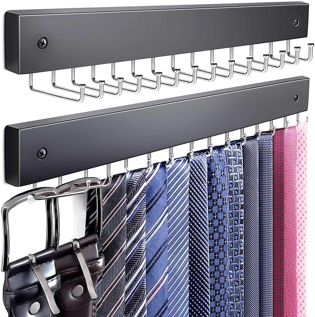 2-Pack Tie Rack Wall Mounted, Wooden Belt Hanger Tie Organizer for Closet with 28 Folding Hooks, Space Saving Tie Holder and Belt Rack for Closet Wall Mount, Black