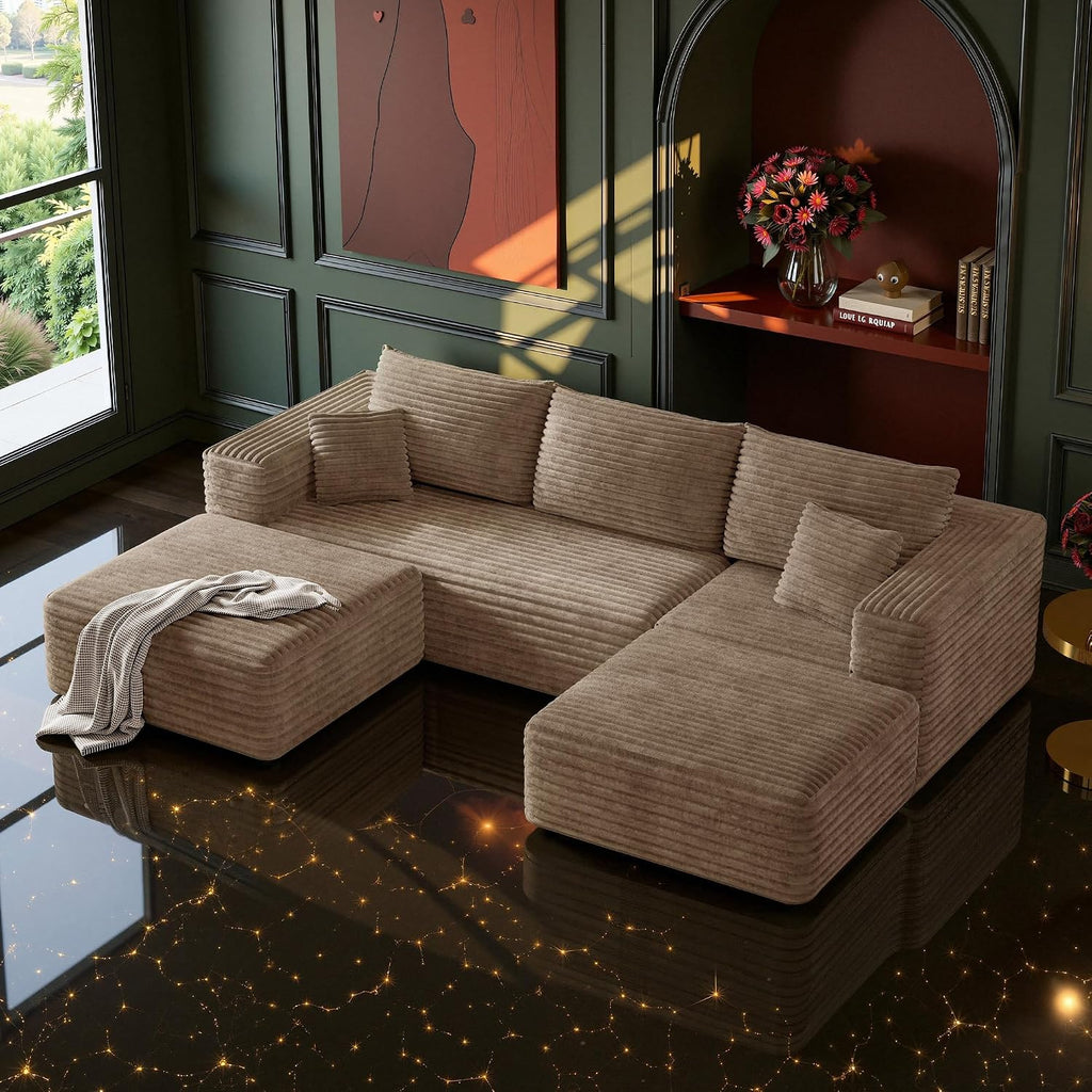 MoonSpeak 108" Boneless Sectional Cloud U Shaped Couch, Khaki | deep seat, 2 movable ottomans, soft corduroy fabric, no assembly, compressed delivery for living rooms