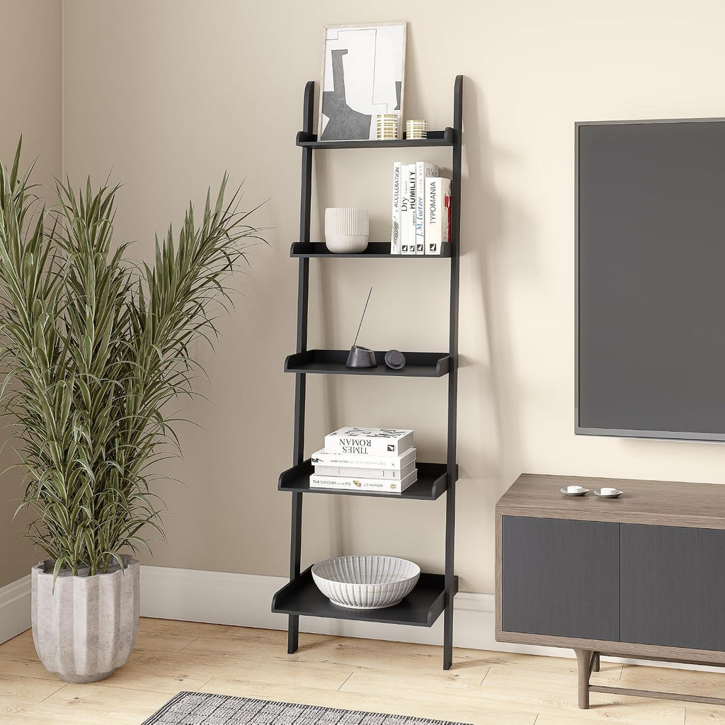 Ballucci 5-Tier Ladder Shelf, Modern 67" Tall Wood Leaning Shelf Organizer for Living Room, Bathroom, Office, Bedroom - Black