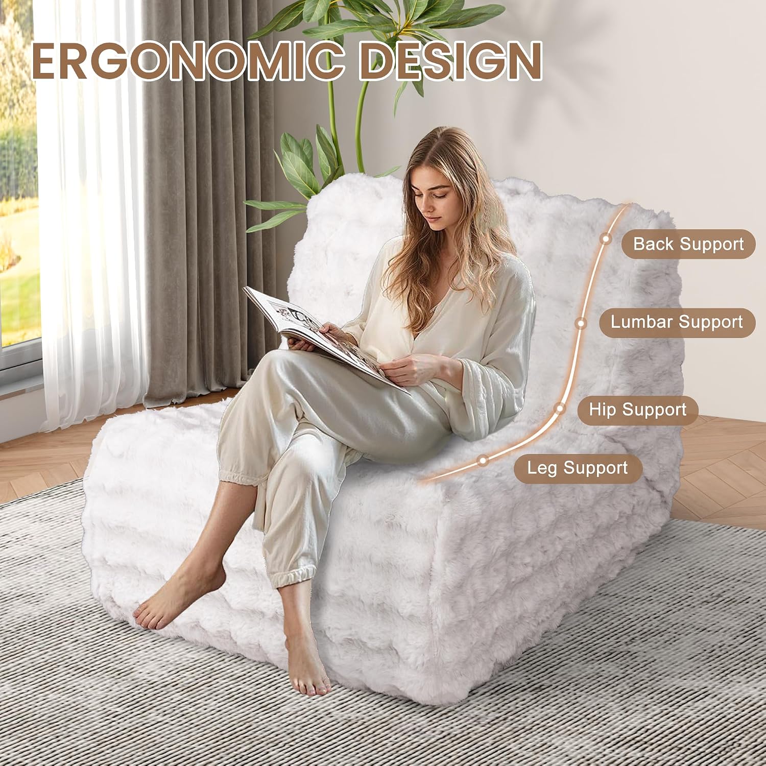 Bean Bag Chair for Adults, Giant Bean Bag Chair with Pillow, Oversized Chaise Lounge Chair Indoor with Soft Faux Fur for Living Room Bedroom or Reading Nook