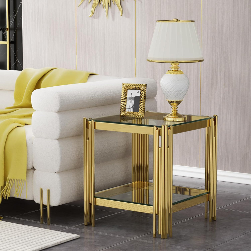 Small Side Table, Square End Table with Tempered Glass & Irregular Gold S...