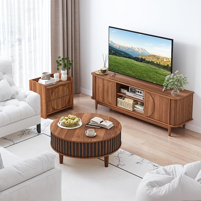 Turtle&Myrtle Mid Century Modern TV Stand 60”, Wood TV Console with Storage for TVs Up to 70 inches, Fluted Sliding Doors, Entertainment Center Media Cabinet for Living Room & Bedroom (Walnut Brown)