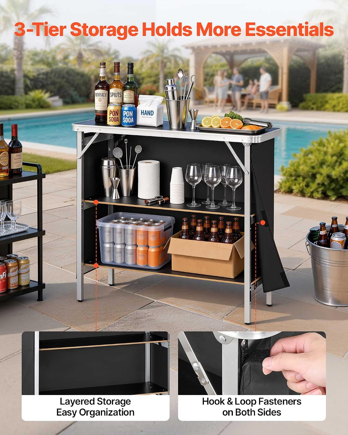 VEVOR Folding Portable Bar Table, 38.6 x 15.2 x 34.3 in, with Carry Bag, Storage Shelf, and Detachable Skirt, Quick and Easy Setup, Foldable Mobile Bartending Station for Events, Party, Tradeshow