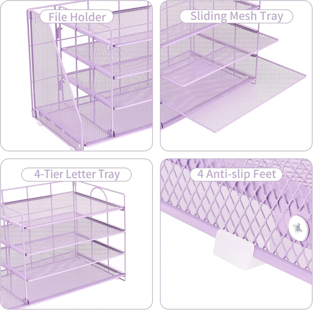 OPNICE 4-Tier Paper Organizer with Magazine Holder, Desk Organizers and Accessories, Office Desk Accessories & Workspace Organizers, Desktop File Organizer for Office Supplies Storage, Purple