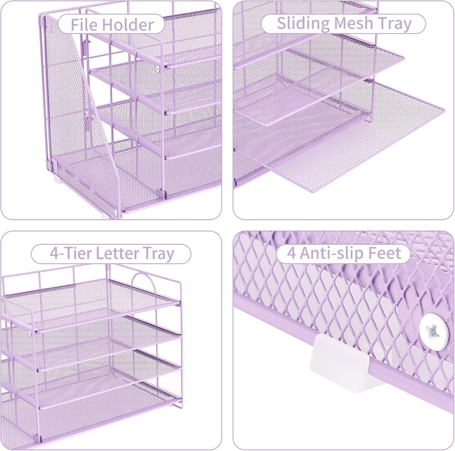 OPNICE 4-Tier Paper Organizer with Magazine Holder, Desk Organizers and Accessories, Office Desk Accessories & Workspace Organizers, Desktop File Organizer for Office Supplies Storage, Purple