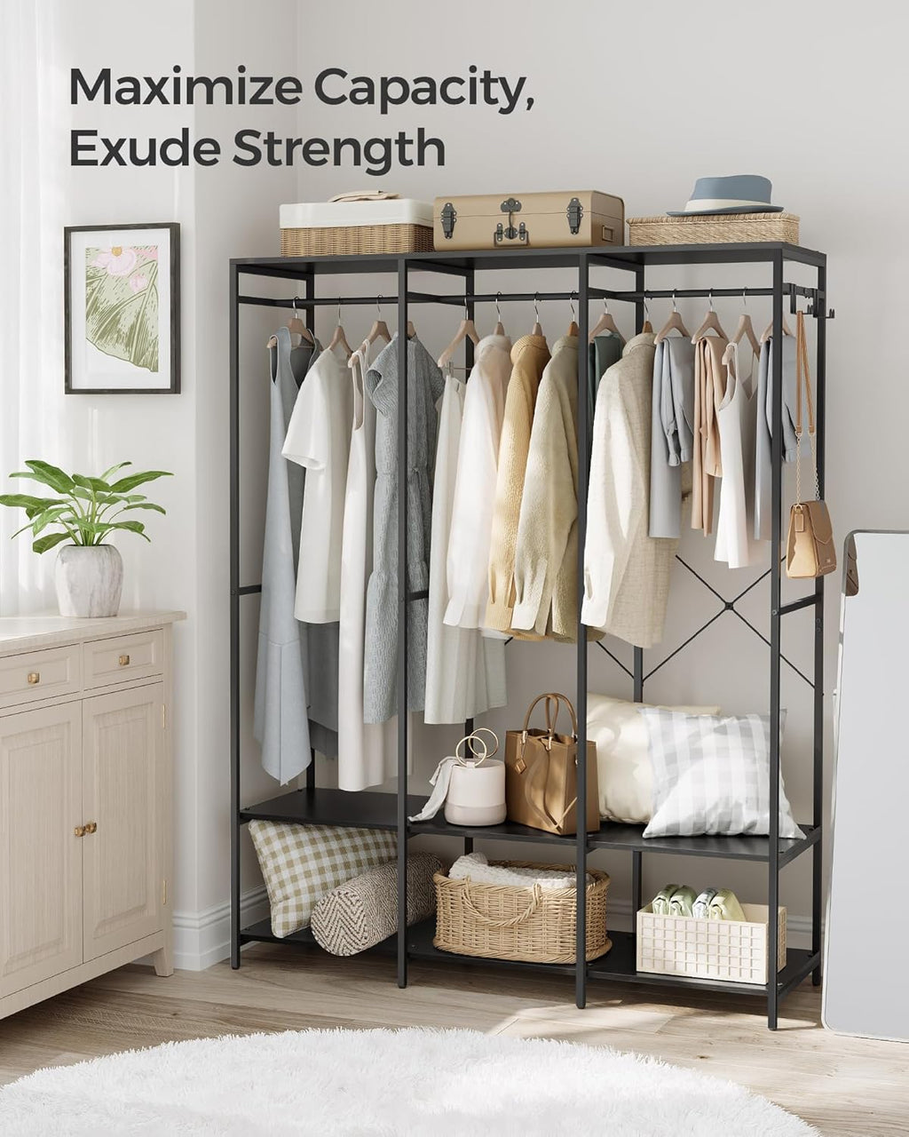 SONGMICS Clothes Rack, Iron and Wood Wardrobe Closet Organizer, Heavy Duty Garment Rack with Hanging Rods, Closet Shelves, Removable Hooks, 15.7 x 55.5 x 70.9 Inches, Ebony Black URGR005B56