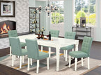 East West Furniture DOAS7-LWH-43 7 Piece Kitchen Dining Table Set Contain A Mid Century Dining Table and 6 Willow Green Polyester Fabric Dining Room Chairs, Linen White