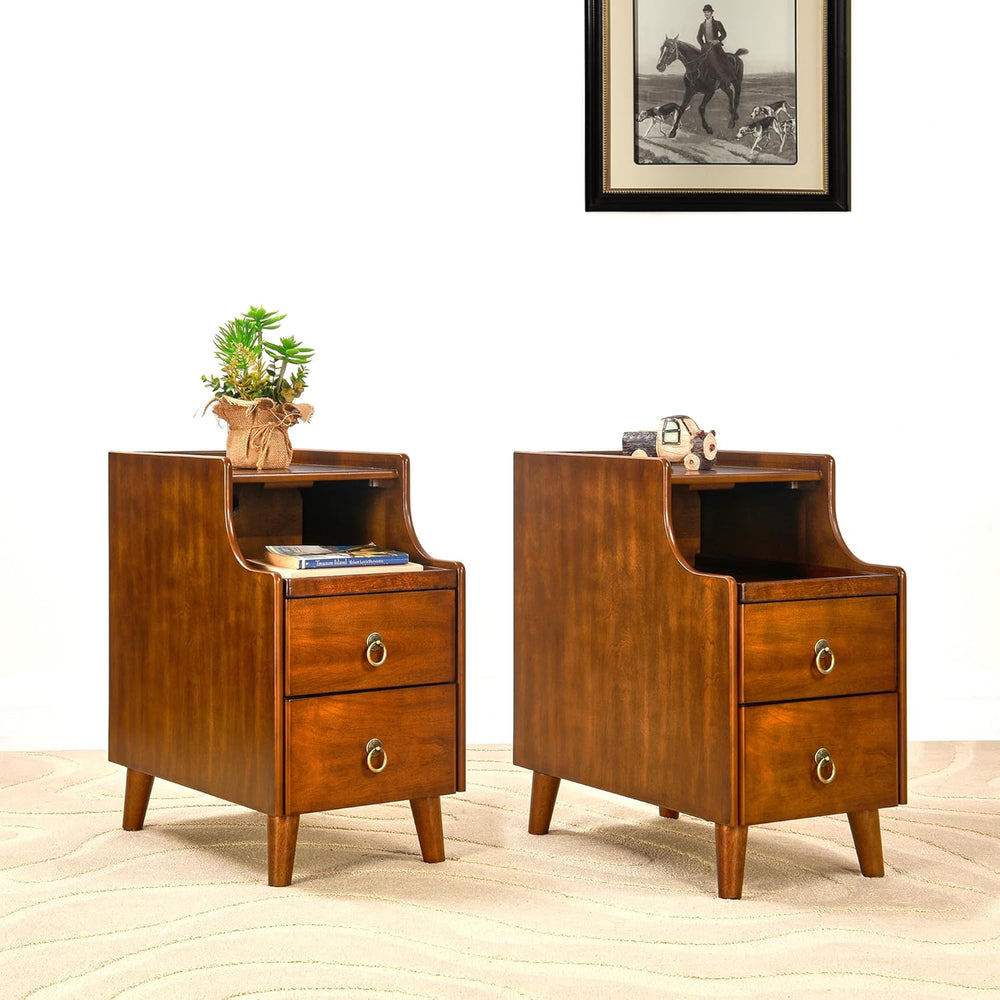 Set of 2 Solid Wood Narrow Nightstand with 2 Drawers, Fully Assembled Skinny ...