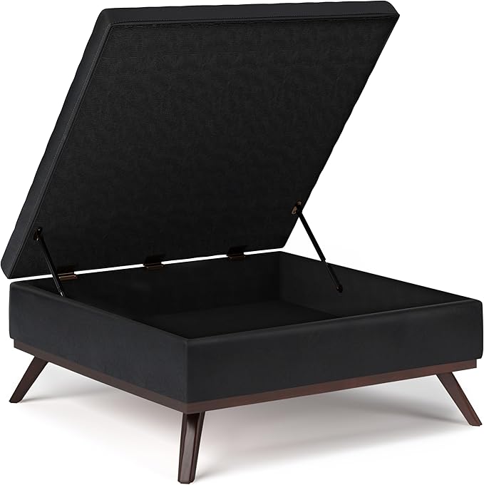 SIMPLIHOME Owen 36 inch Wide Mid Century Modern Square Coffee Table Storage Ottoman in Midnight Black Vegan Faux Leather, Assembled, For the Living Room, Entryway and Family Room