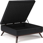 SIMPLIHOME Owen 36 inch Wide Mid Century Modern Square Coffee Table Storage Ottoman in Midnight Black Vegan Faux Leather, Assembled, For the Living Room, Entryway and Family Room