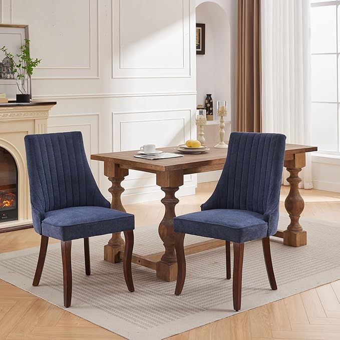 Dining Chairs Set of 2，Linen Channel Tufted Kitchen Dining Room Chair with Curved Solid Wood Legs, Comfortable Fabric Upholstered Dining Chair for Dining Room, (Blue, 2pc)