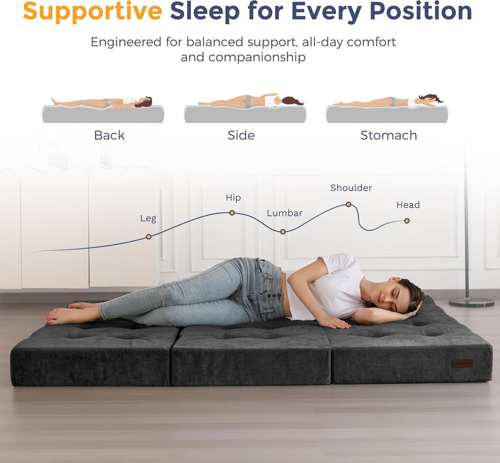MAXYOYO 6" Folding Sofa Bed for Floor, Tufted Tri-Fold Floor Mattress with Chenille Fabric, Twin Size Portable Sofa Couch Guest Mat for Adults, Foldable Topper for Camping, Dark Grey, 35.4"x75"