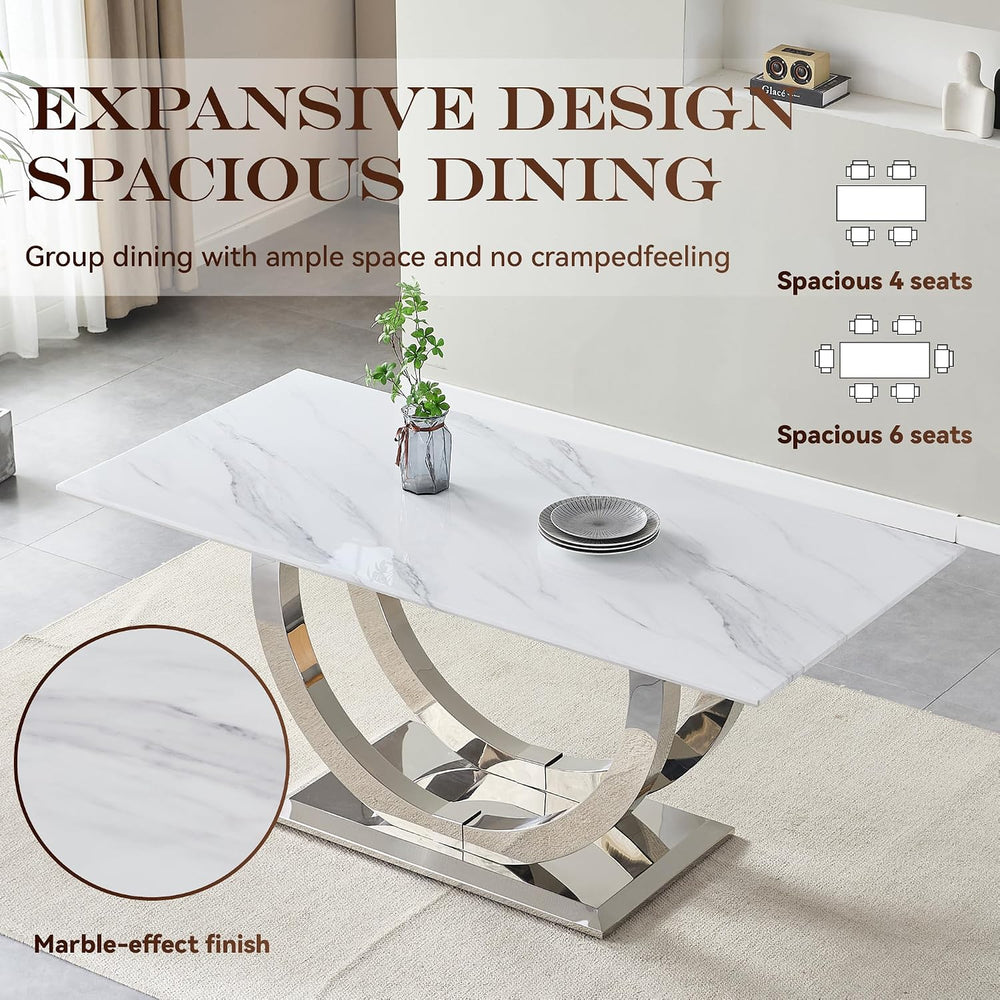 SSLine Modern White Marble Dining Table for 6-8 Rectangle 69.3" Faux Mar...