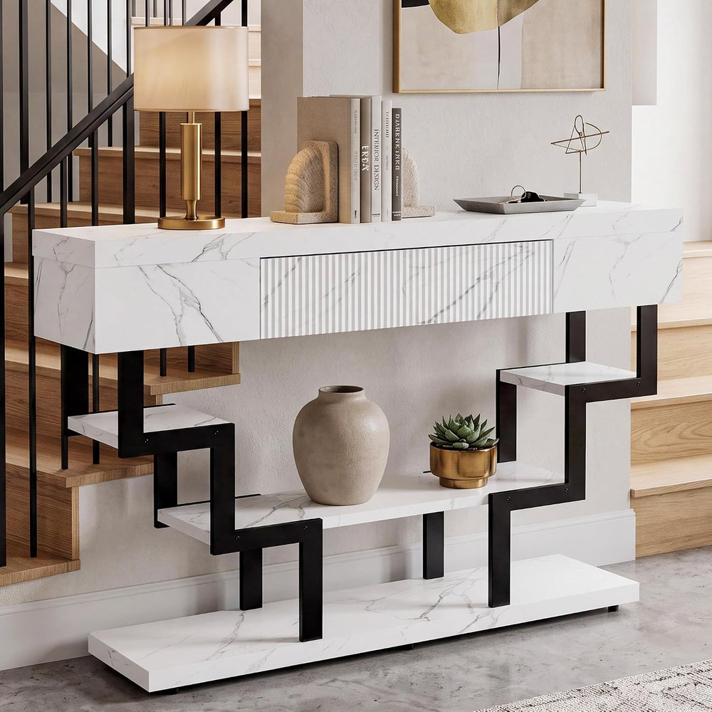 47.3" Console Table with Fluted Drawers, 3-Tier Modern Entryway Table wi...