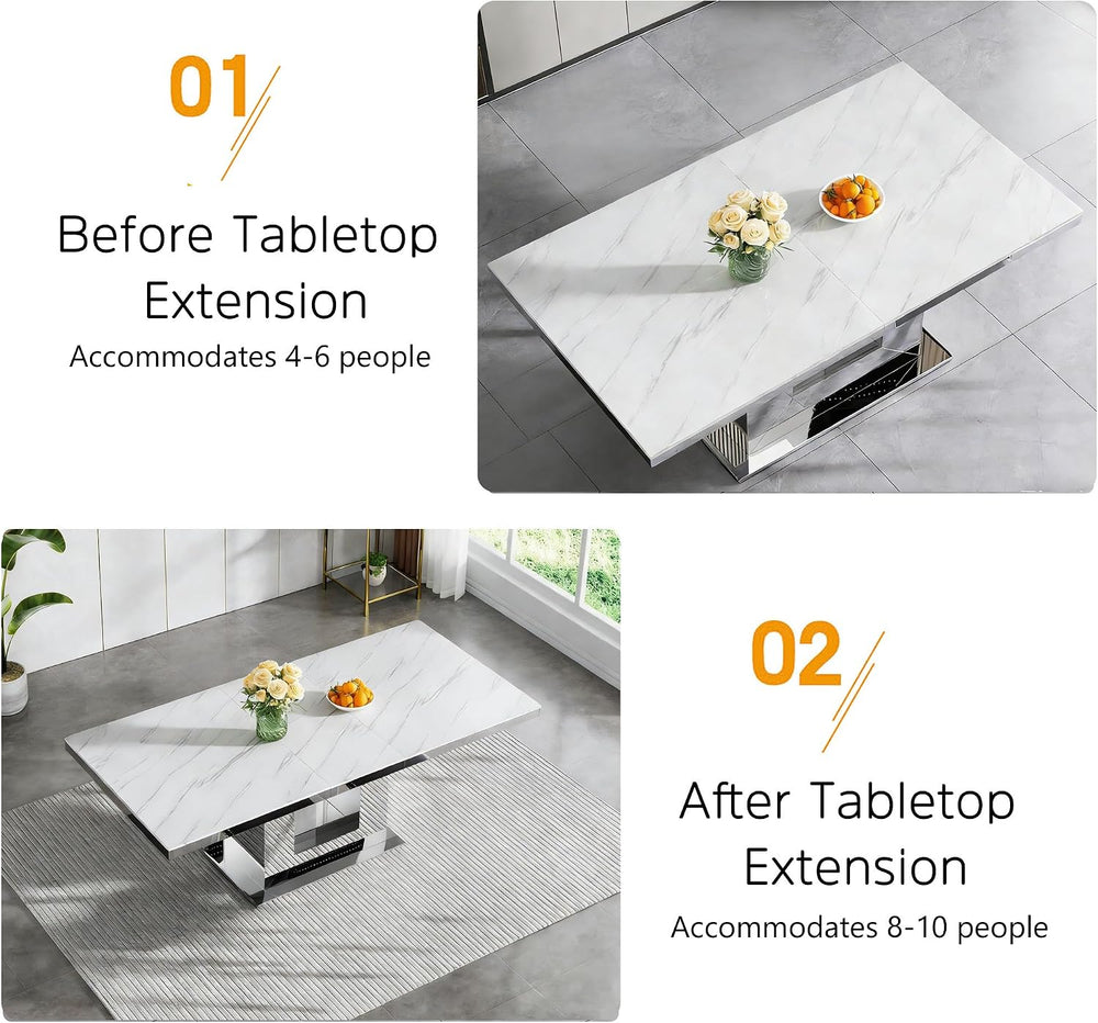 94 in Large Extendable Dining Table for 6 8 10, White Marble Pattern Top &amp...