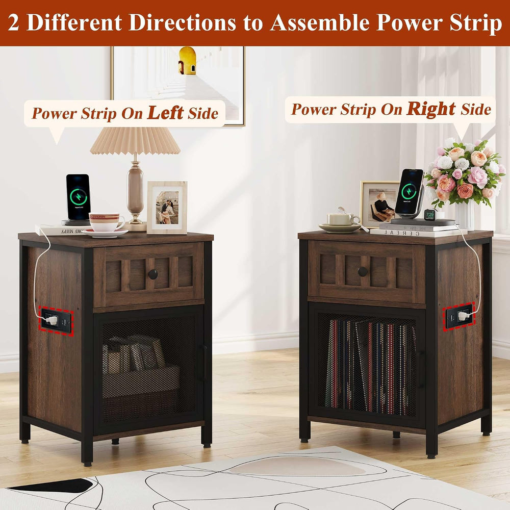 FATORRI End Table with Charging Station, Farmhouse Side Table with Drawer, Ru...