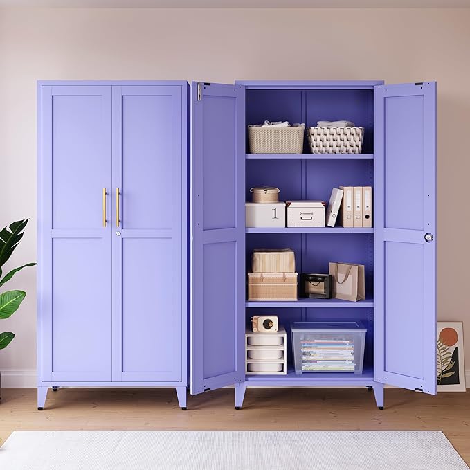Purple Metal Storage Cabinet with Lock, 61" Tall 2-Door Lockable Organiz...