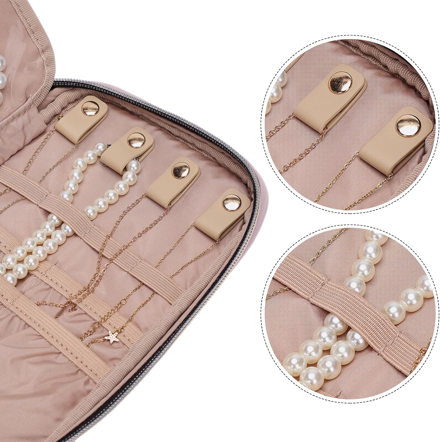 NISHEL Travel Jewelry Case, Holiday Organizer for Necklaces, Earrings, Rings, Bracelets, Watch, Peach Pink