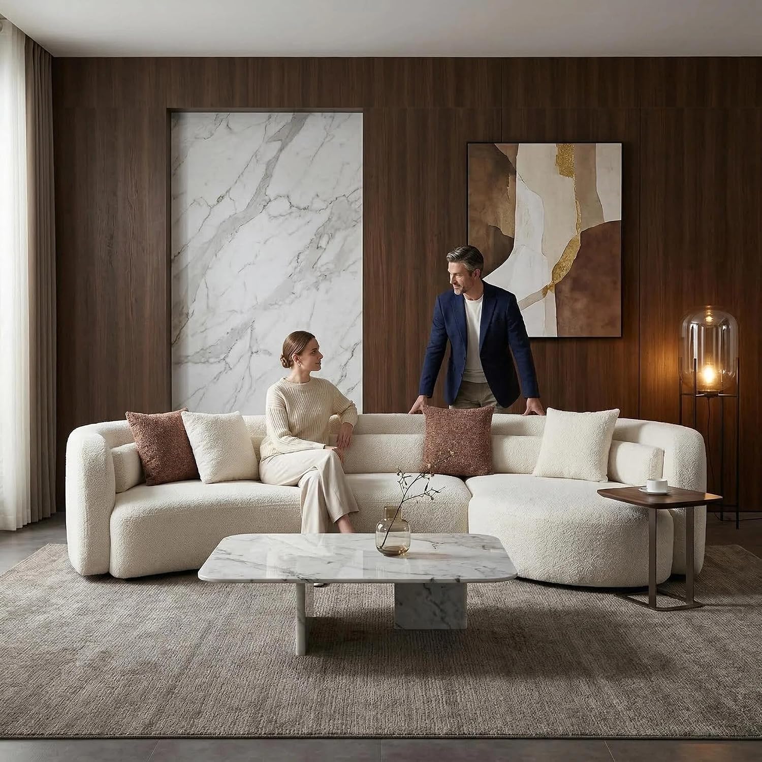 Curved Boucle Sectional Sofa, 132", Deep Seat, Chaise, Oversized, Modern | Comfy Sectional Couches with Chaise (Right-Facing, Beige), Curved Boucle Sectional Sofa, 132", Deep Seat, Chaise, Oversized