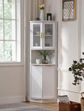FOREST GRAVITY Modern Corner Storage Cabinet with Fluted Doors | For Kitchen; For Bathroom; Glass Doors; Fluted Design; Large Storage; Pentagon Design; White