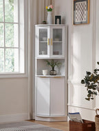 FOREST GRAVITY Modern Corner Storage Cabinet with Fluted Doors | For Kitchen; For Bathroom; Glass Doors; Fluted Design; Large Storage; Pentagon Design; White