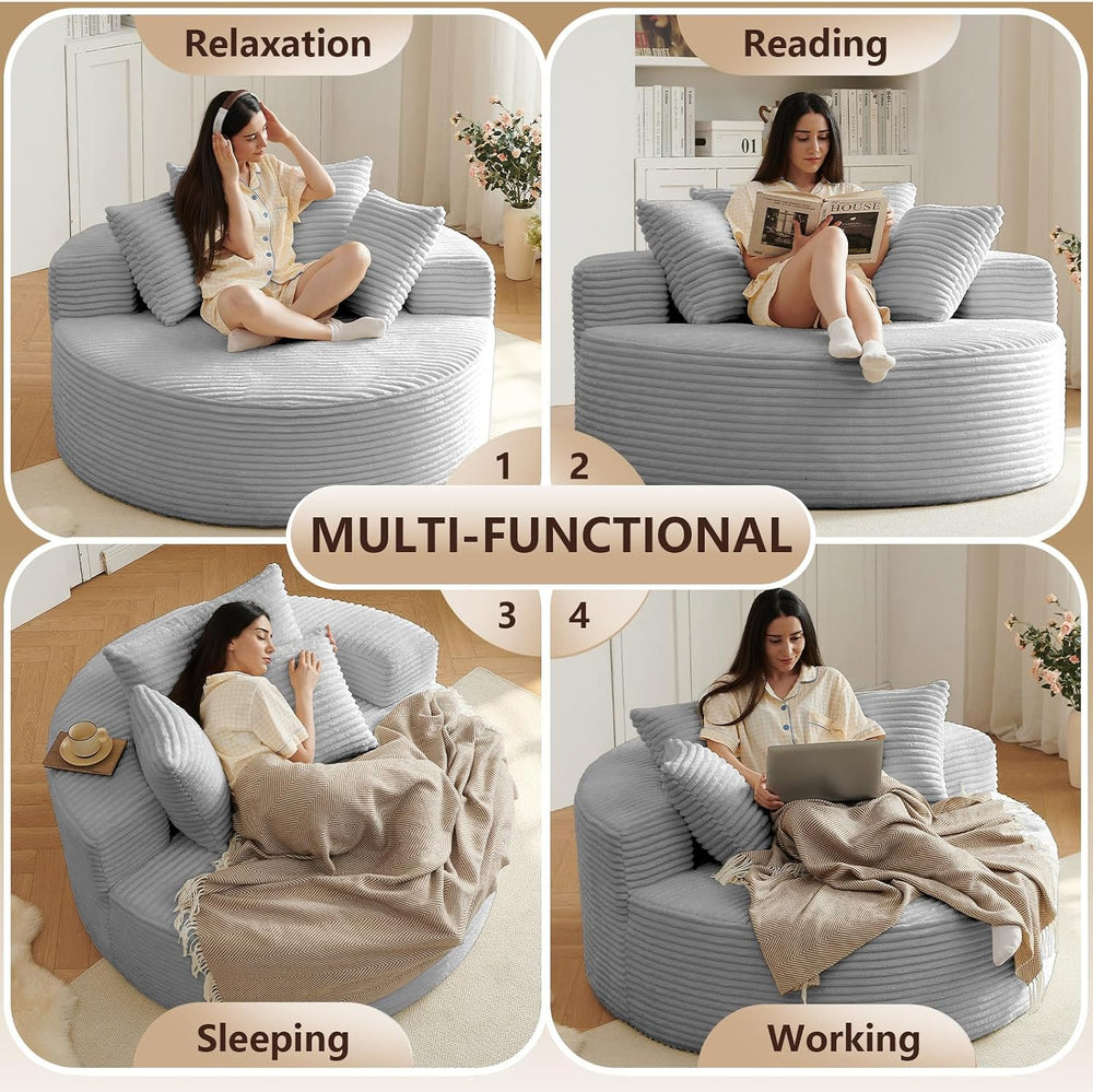 Oversized Round Chair Lounge Chaise Indoor, Upholstered Corduroy Deep Seat Cl...