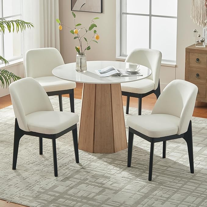 VKNOW Wooden Dining Chairs Set of 6, Upholstered Dining Room Chairs with Rubberwood Legs and Padded Seats, Kitchen Chairs for Restaurant Kitchen Living Room, Ivory White