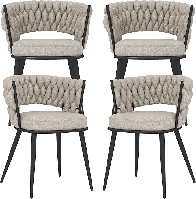 KCC Fabric Dining Chairs Set of 4, Modern Dining Chair with Metal Legs, Woven Upholstered Dining Chairs for Dining Room, Kitchen, Vanity, Living Room (Beige)