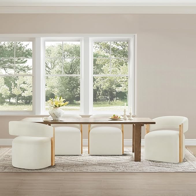 Upholstered Dining Chairs Set of 4, Barrel Modern Dining Room Chairs with Casters, Kitchen Side Wooden Armchair with Fabric Cushion Seat for Bedroom, Livingroom, Reading Room, Beige, 4 Boxs