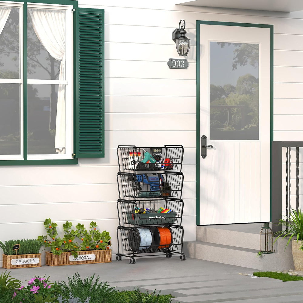 PUSDON 4-Tier Spacious Stackable Wire Storage Baskets with Wheels, Metal Roll...