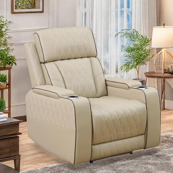 Power Recliner Chair, Leather Recliners with Home Theater Seating, Oversized Single Electric Recliner Sofa Breathable Living Room Chairs for Adults Reading Gaming, Khaki