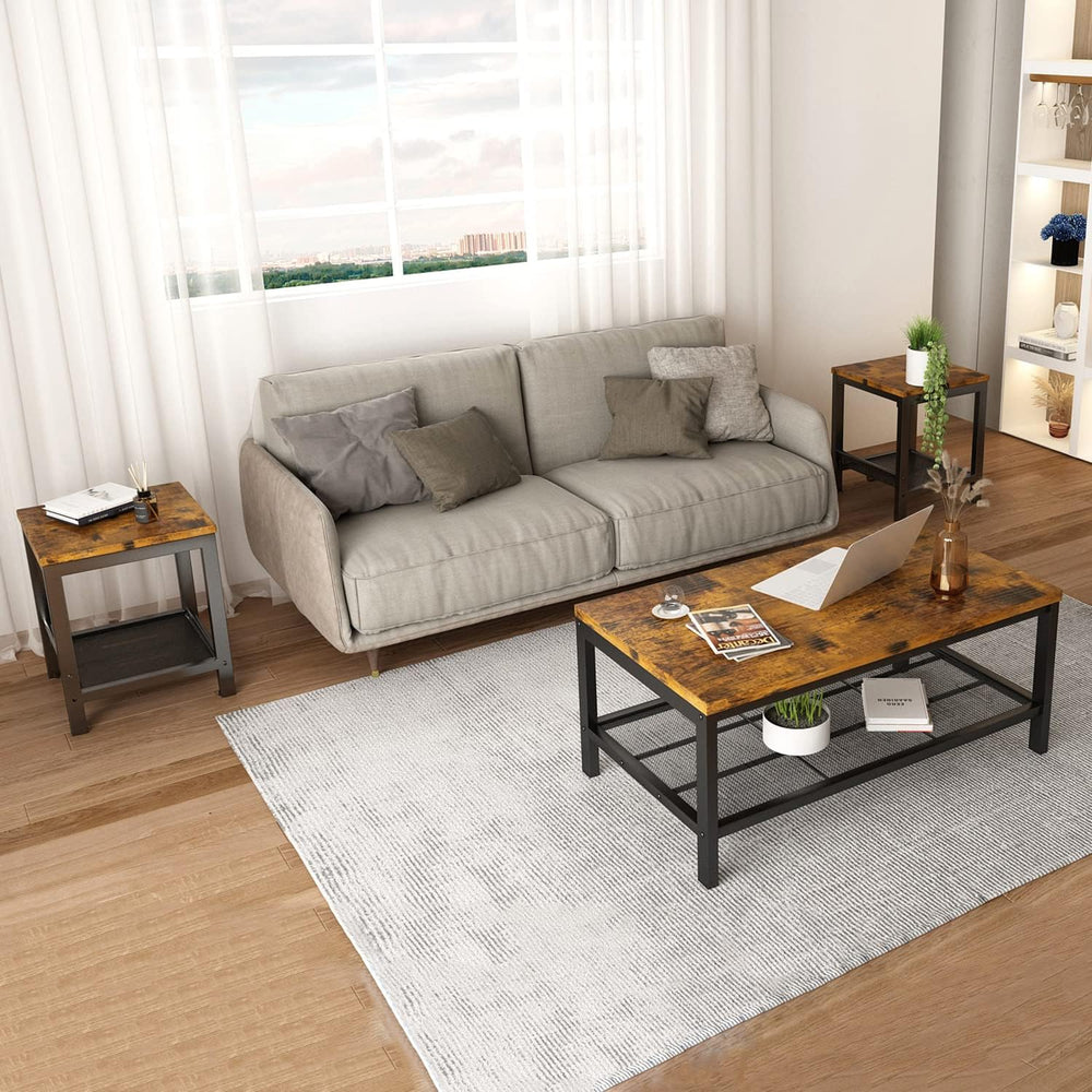 Lamerge 3 Pieces Living Room Table Set, Industrial Coffee Table with 2 Square...