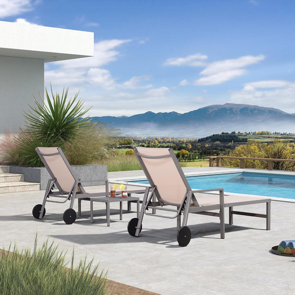 PURPLE LEAF Chaise Lounge Outdoor Set for 2 with Armrest, Khaki | All-aluminu...