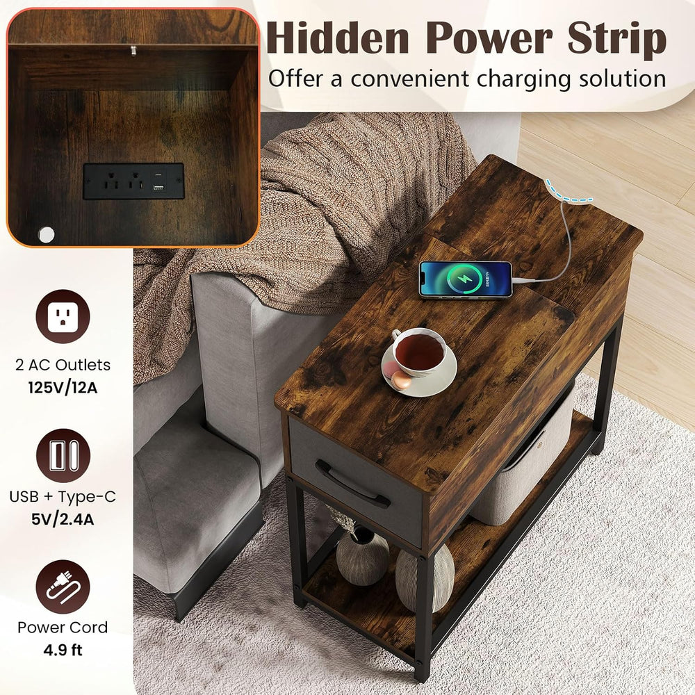 GOFLAME LED End Table with Hidden Charging Station, Narrow Compact Sofa Side ...