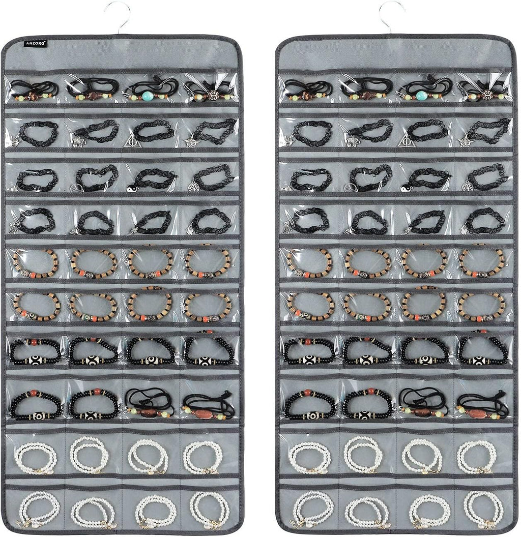 80 Pockets Hanging Jewelry Organizer for Holding Jewelries Dual-Sided Accessory Display Holder for Earrings Bracelets Rings (80 Pockets-Grey)