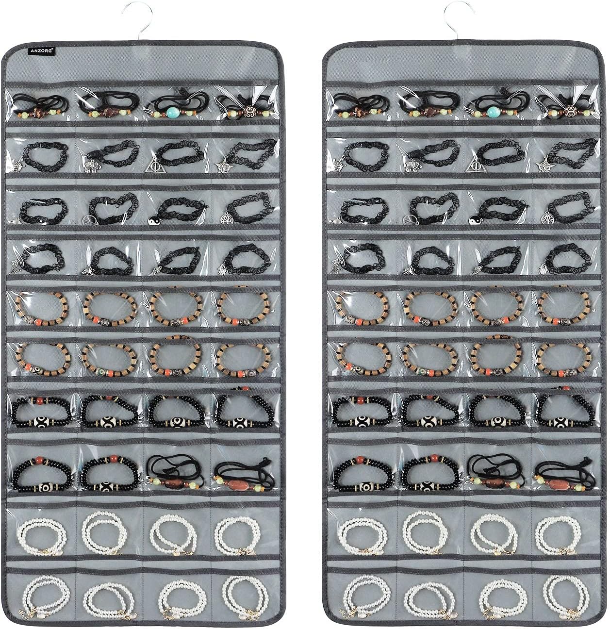 80 Pockets Hanging Jewelry Organizer for Holding Jewelries Dual-Sided Accessory Display Holder for Earrings Bracelets Rings (80 Pockets-Grey)