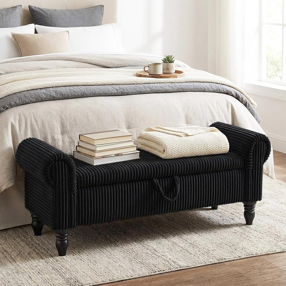 55" Corduroy Storage Ottoman Bench, Queen Bed, Black | End of Bed, Bedro...