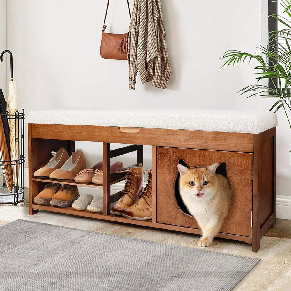 Shoe Bench with Cat Cabinet and Hidden Drawer, 2 Tier Entryway Bench with Sto...