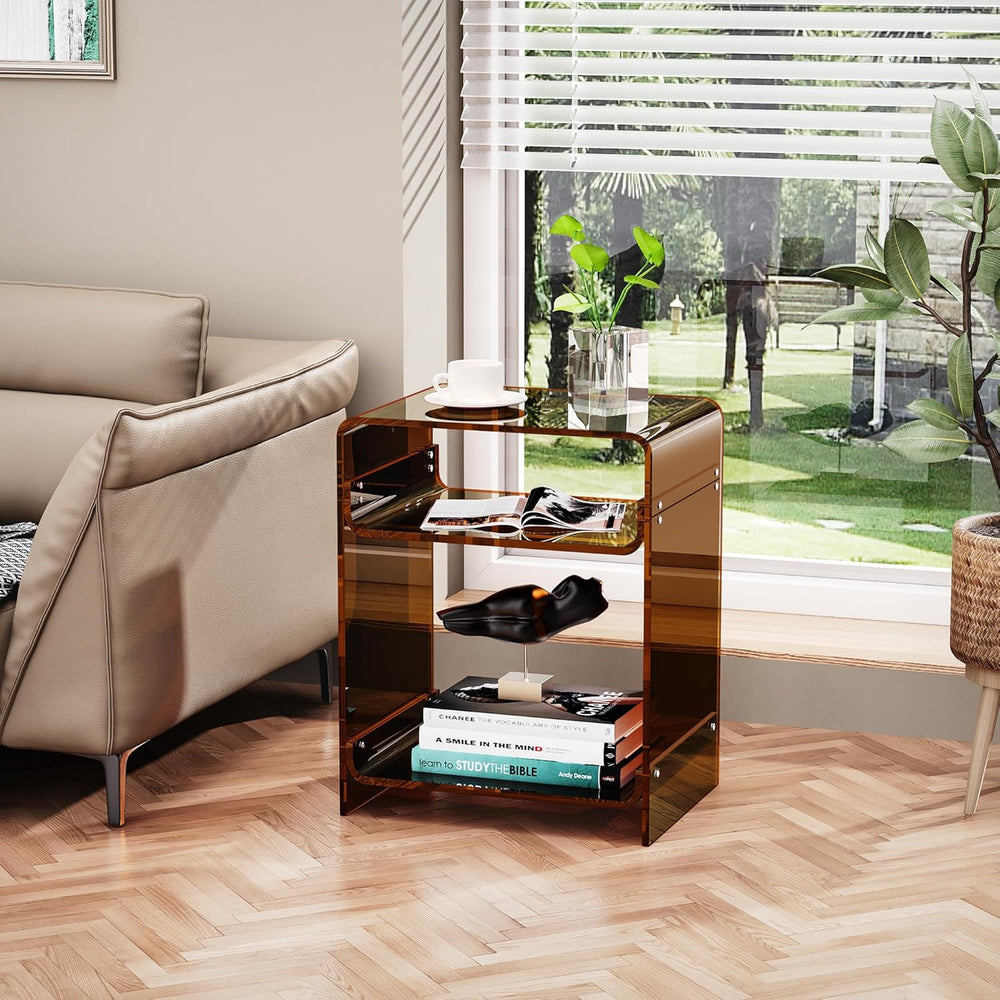 Acrylic End Table Record Player Table with Storage Shelf Clear Side Table Nig...